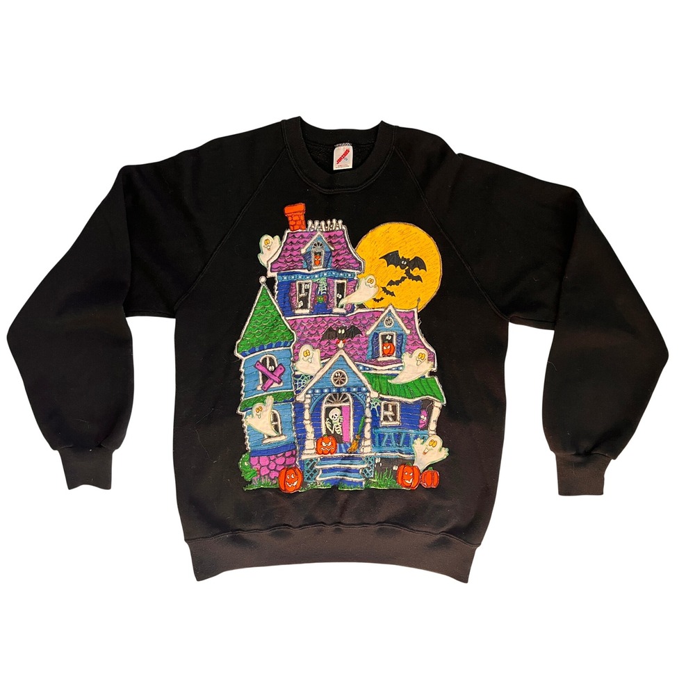 Vintage Jerzees Halloween Haunted House Sweatshirt Black XL Made in USA Raglan
